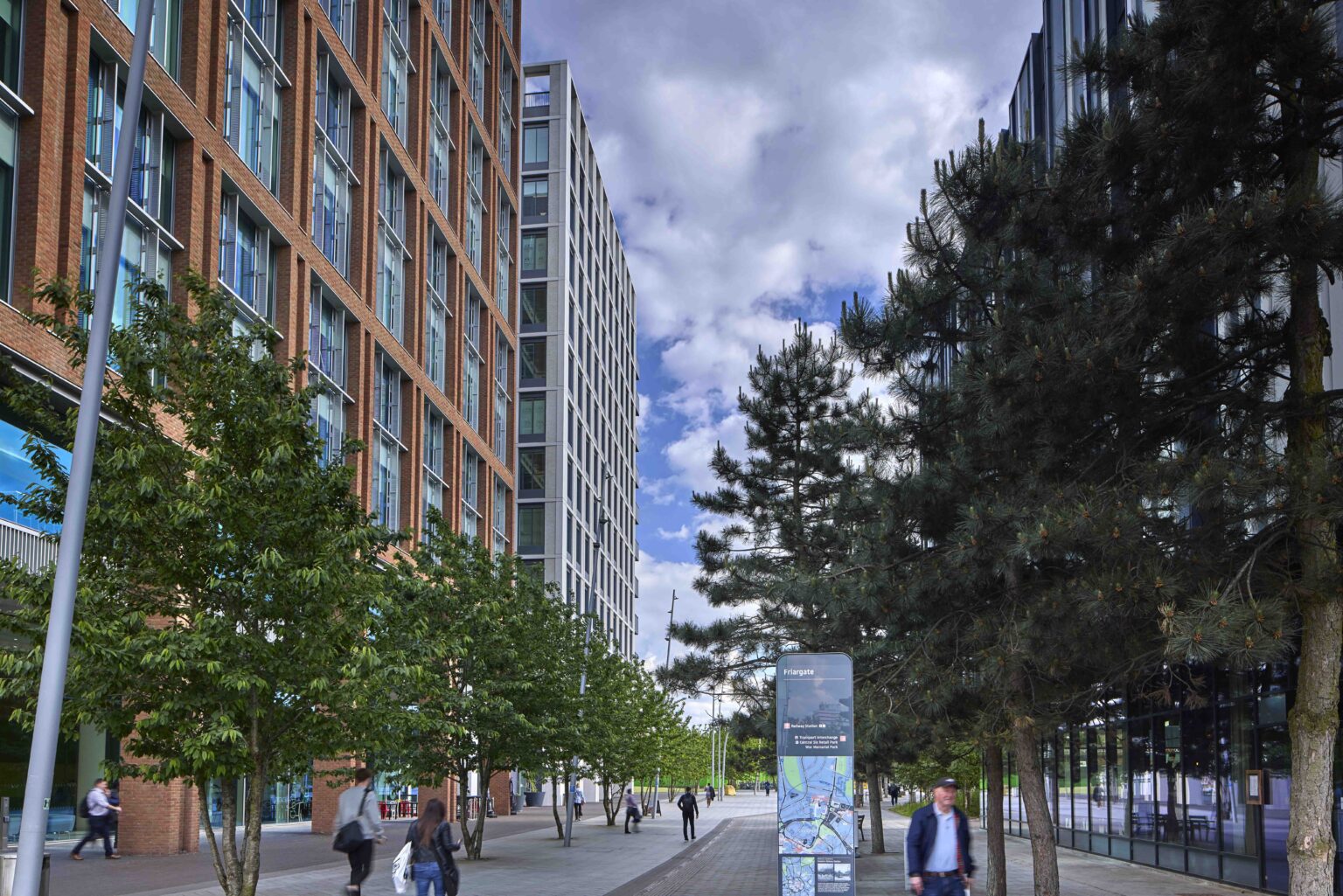 The pedestrian boulevard between ONE and TWO FRIARGATE and Hotel Indigo in Coventry city centre.