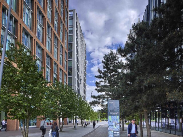 The pedestrian boulevard between ONE and TWO FRIARGATE and Hotel Indigo in Coventry city centre.